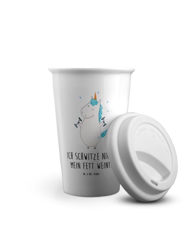 Mr. & Mrs. Panda ToGo Kaffeebecher Einhorn Fitness mit Spruch in Weiß