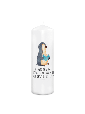 Mr. & Mrs. Panda Stumpenkerze Pinguin Buch mit Spruch in Weiß