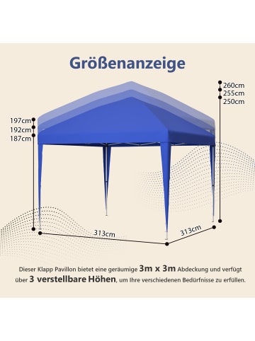 ABRIHOME Pavillon in Blau 3x3 m höhenverstellbar mit 4 Sandsäcken