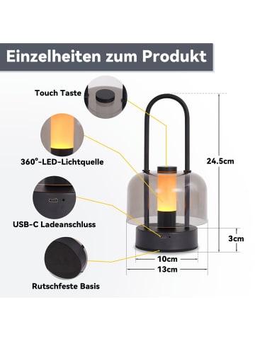 ZMH Tischleuchte LED in schwarz Tragbar 2000mAh Kabellos Nachtlampe Touch Dimmbar