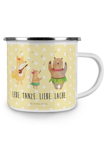 Mr. & Mrs. Panda Camping Emaille Tasse Waldtiere Aloha mit Spruch in Gelb Pastell