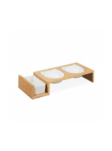 relaxdays Katzen Futterstation in Natur/ Weiß - (B)47,5 x (H)8,5 x (T)19 cm