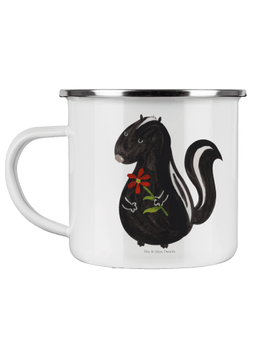 Mr. & Mrs. Panda Camping Emaille Tasse Stinktier Blume ohne Spruch in Weiß