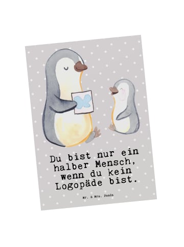 Mr. & Mrs. Panda Postkarte Logopäde Herz mit Spruch in Grau Pastell