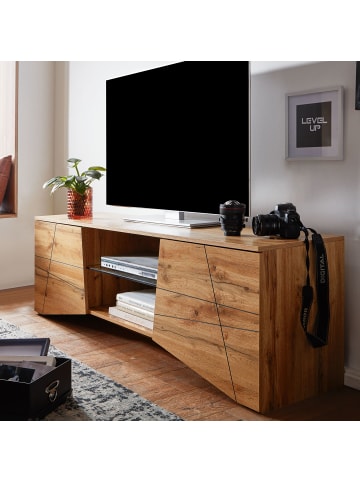 KADIMA DESIGN TV-Lowboard Holz Eiche-Dekor, Platz für 70-Zoll TV, Eichenoptik und Glas