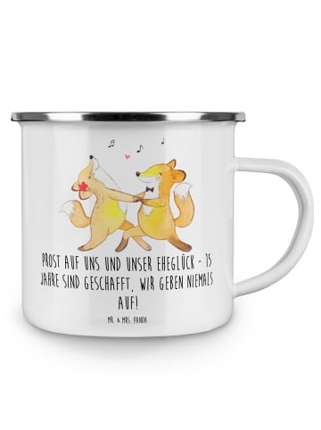 Mr. & Mrs. Panda Camping Emaille Tasse 15. Hochzeitstag Gläserne... in Weiß