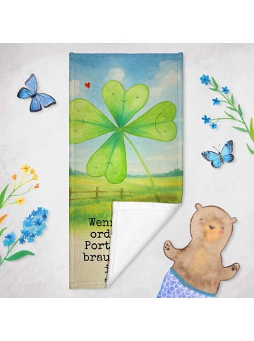 Mr. & Mrs. Panda Strandtuch Blume Kleeblatt Design mit Spruch in Weiß
