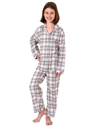 NORMANN Flanell Pyjama langarm Schlafanzug kariert Knopfleiste - 50390 in rosa