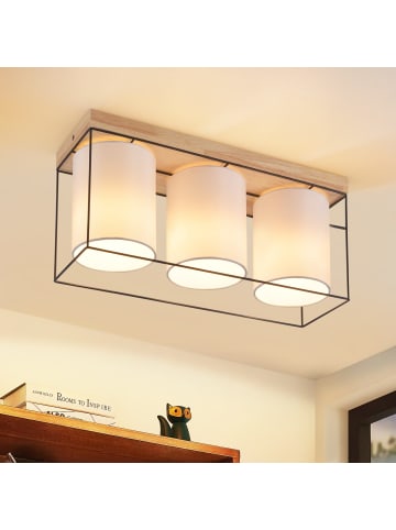 ZMH Deckenleuchte in schwarz 3-flammige E14 Holz Vintage mit Stoff-Lampenschirm