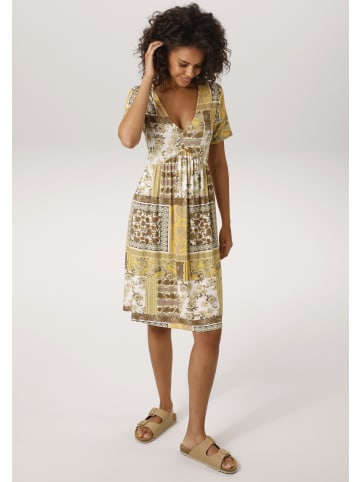 Aniston CASUAL Sommerkleid in wollweiß-sonnengelb-salbei-braun-taupe