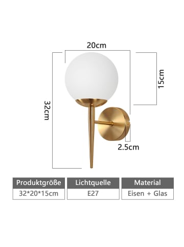 ZMH Wandleuchte in gold 1-flammige E27 Glaskugel Design Vintage Flurlampe
