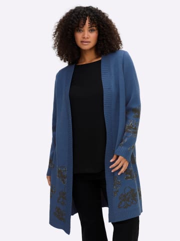 sheego Jacquardstrickjacke in jeansblau-graphit-gemustert
