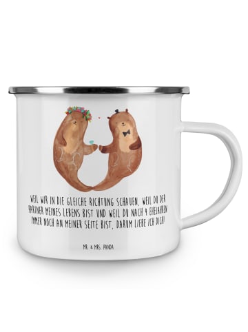 Mr. & Mrs. Panda Camping Emaille Tasse 4. Hochzeitstag Seidenhoc... in Weiß