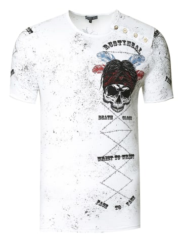 Rusty Neal Verwaschenes Rundhals T-Shirt mit Knopfleiste und Prints in Weiß