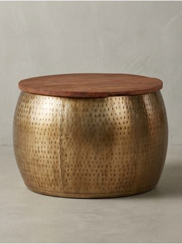 KADIMA DESIGN Moderner Couchtisch "Aurora" aus Massivholz, Braun/Gold, mit Stauraum