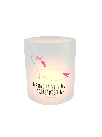 Mr. & Mrs. Panda Glas Windlicht Einhorn Yoga mit Spruch in Transparent