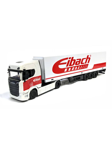 Bburago StreetFire Modelltruck Scania mit Auflieger Eibach, Maßstab 1:43 in weiß