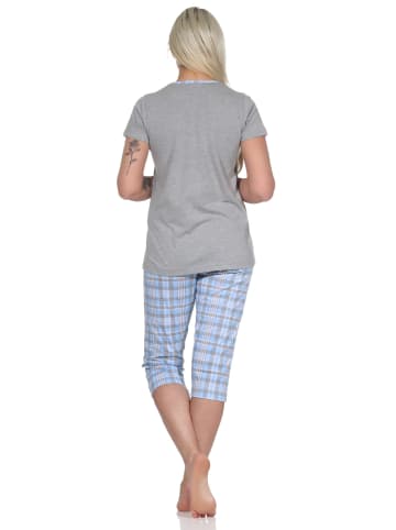 NORMANN Capri Schlafanzug Capri Pyjama und Karo Caprihose in hellblau