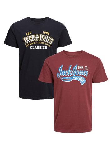 Jack & Jones 2-er Set Logo T-Shirt Kurzarm Basic Shirt JJELOGO in Rot-Dunkelblau