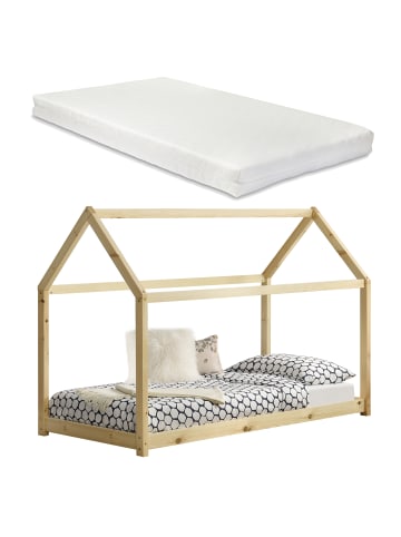 en.casa Kinderbett Netstal mit Matratze in Beige (L)200cm (B)90cm