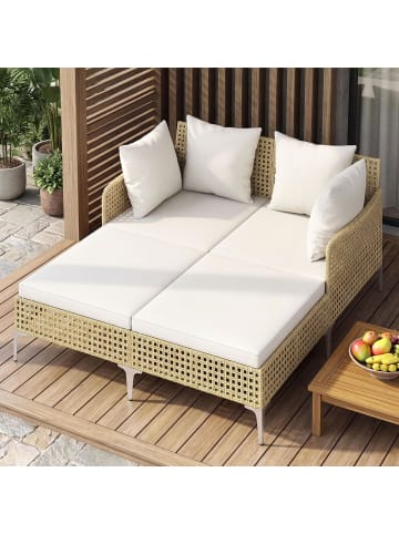 COSTWAY Sonnenliege 2 Personen Polyrattan Doppelliege mit Sitz- & Rückenkissen in Beige