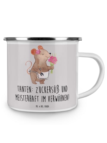 Mr. & Mrs. Panda Emaille Tasse Tante Zuckersüß mit Spruch in Grau Pastell