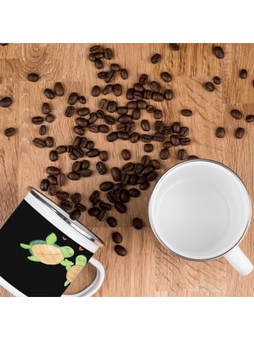 Mr. & Mrs. Panda Tasse Emaille Hochzeitsreise Abenteuer mit Spruch in Schwarz