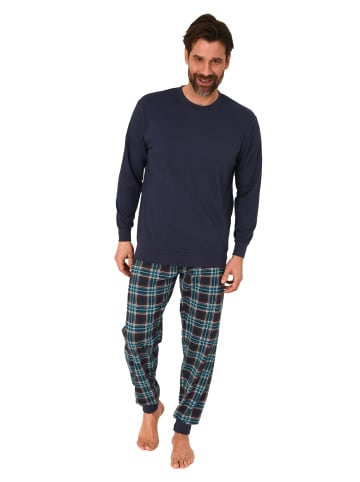 NORMANN langarm Schlafanzug Pyjama Bündchen und karierter Jersey Hose in navy