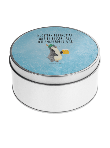 Mr. & Mrs. Panda Blechdose rund Pinguin Bier mit Spruch in Eisblau