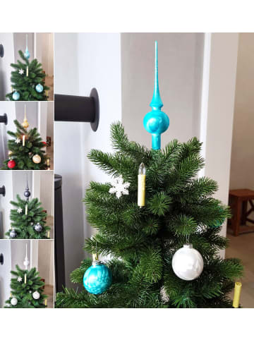 JACK 15x Christbaumkugeln 6cm Kugel + 1x Spitze 15cm Glas Eislack in Türkis / Weiß