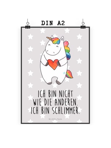 Mr. & Mrs. Panda Poster Einhorn Herz mit Spruch in Grau Pastell