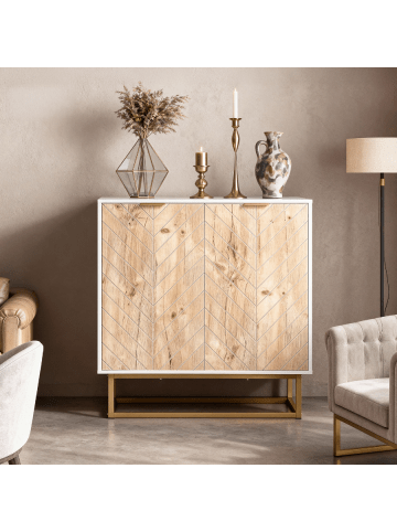 Home Nature Wohnkonzept Holzschränke in Weiß & Naturholz mit Goldbeinen 80x40x80.8 cm