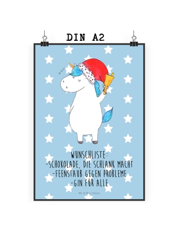 Mr. & Mrs. Panda Bild für Wand Einhorn Weihnachtsmann mit Spruch in Blau Pastell