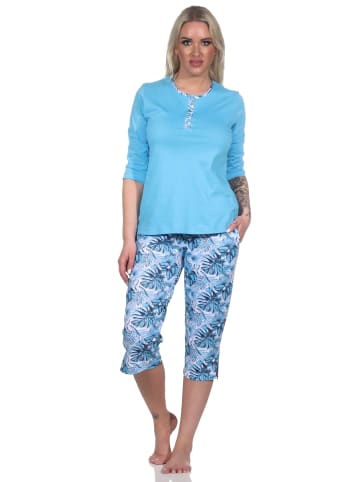 NORMANN Kurzarm Pyjama Caprihose floralem print in blau