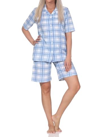 NORMANN Langarm Jersey Pajama Shorty Karo Optik Übergröße in blau