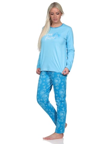 NORMANN Verspielte Pyjama lang Schlafanzug floralem Muster - 75114 in hellblau