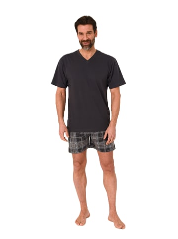 NORMANN Schlafanzug kurzarm Shorty mit karierter Jersey Hose in anthrazit