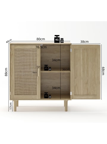 ABRIHOME Aufbewahrungsschrank in Natur Rattan 80 cm mit 2 Türen für Wohnzimmer