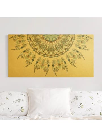 WALLART Leinwandbild Gold - Mandala Aquarell Federn halbkreis blau grün in Blau