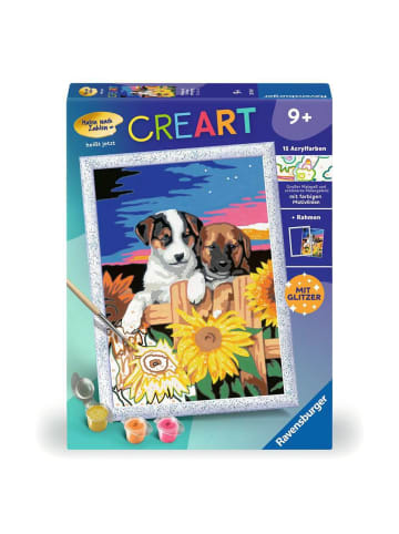 Ravensburger Malprodukte CreArt, Malen nach Zahlen Kinder - Welpen im Sonnenuntergang Malen nach Zahlen Kinder Ab 9 Jahre in bunt