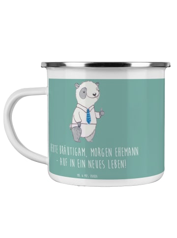 Mr. & Mrs. Panda Camping Emaille Tasse Bräutigam Heute mit Spruch in Meeresbrise