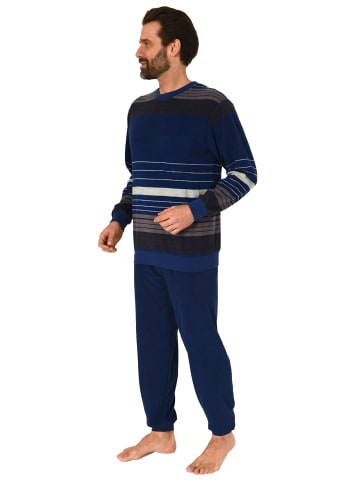 NORMANN Frottee Schlafanzug Pyjama langarm Bündchen StreifenLook - 75427 in blau