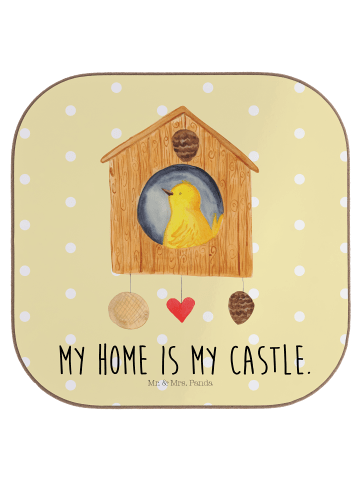 Mr. & Mrs. Panda gläseruntersetzer Vogel Haus mit Spruch in Gelb Pastell