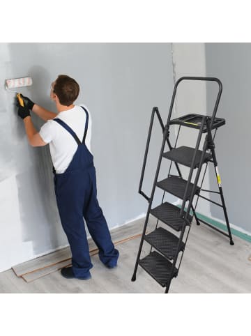 ABRIHOME Trittleiter in Schwarz 5 Stufen klappbar mit Handlauf Anti Rutsch für Haushalt