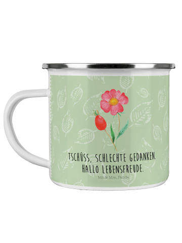 Mr. & Mrs. Panda Camping Emaille Tasse Blume Hagebutte mit Spruch in Blattgrün