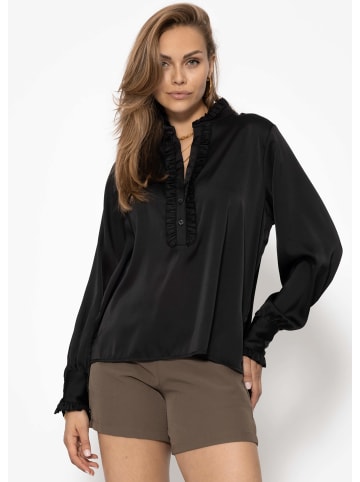SASSYCLASSY Satinbluse mit Rüschen in Schwarz