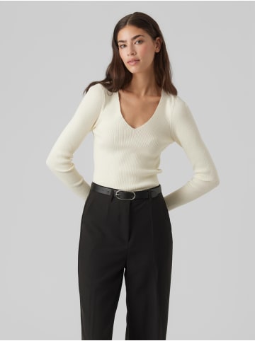 Vero Moda Eleganter Ripp Strick Pullover V-Ausschnitt VMEVIE in Creme