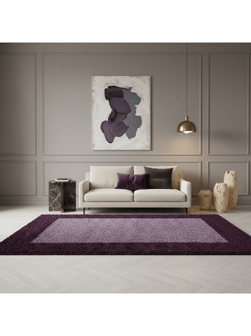 KADIMA DESIGN Teppich Hochflor Shaggy Waschbar Bordüre RHEIN Strapazierfähig in Violett