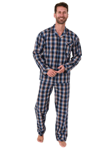 NORMANN Pyjama langarm Schlafanzug gewebt zum Knöpfen Karo Design in blau