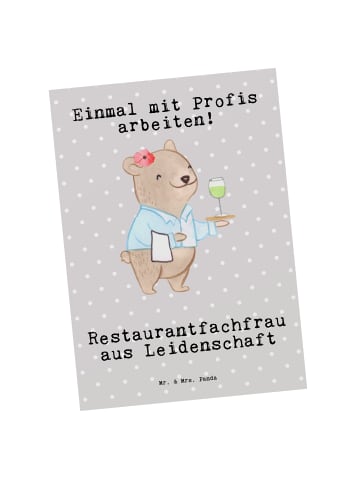 Mr. & Mrs. Panda Postkarte Restaurantfachfrau Leidenschaft mit S... in Grau Pastell